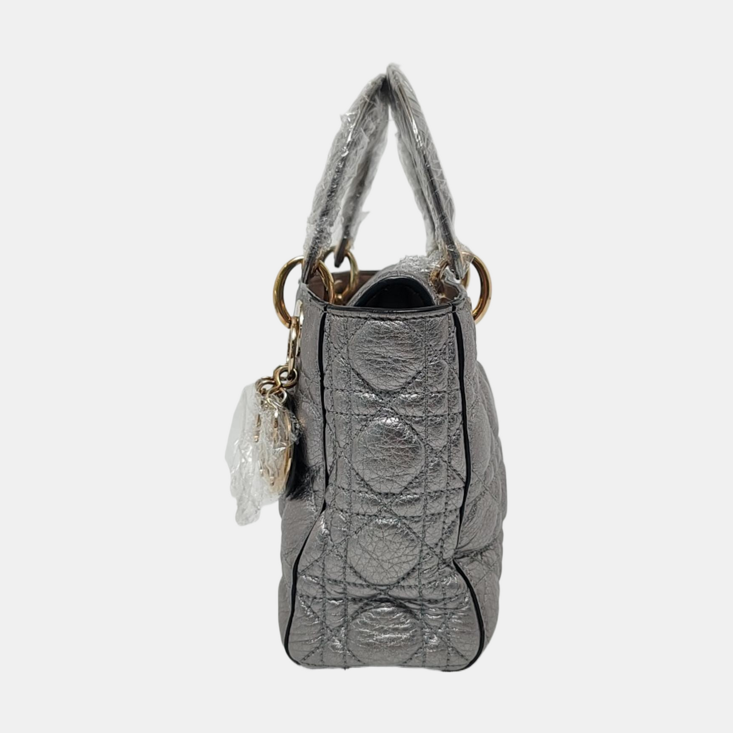 Dior Lady Supple Calfskin Metallic Grey Cannage Handbag Leather Small Travel Bag