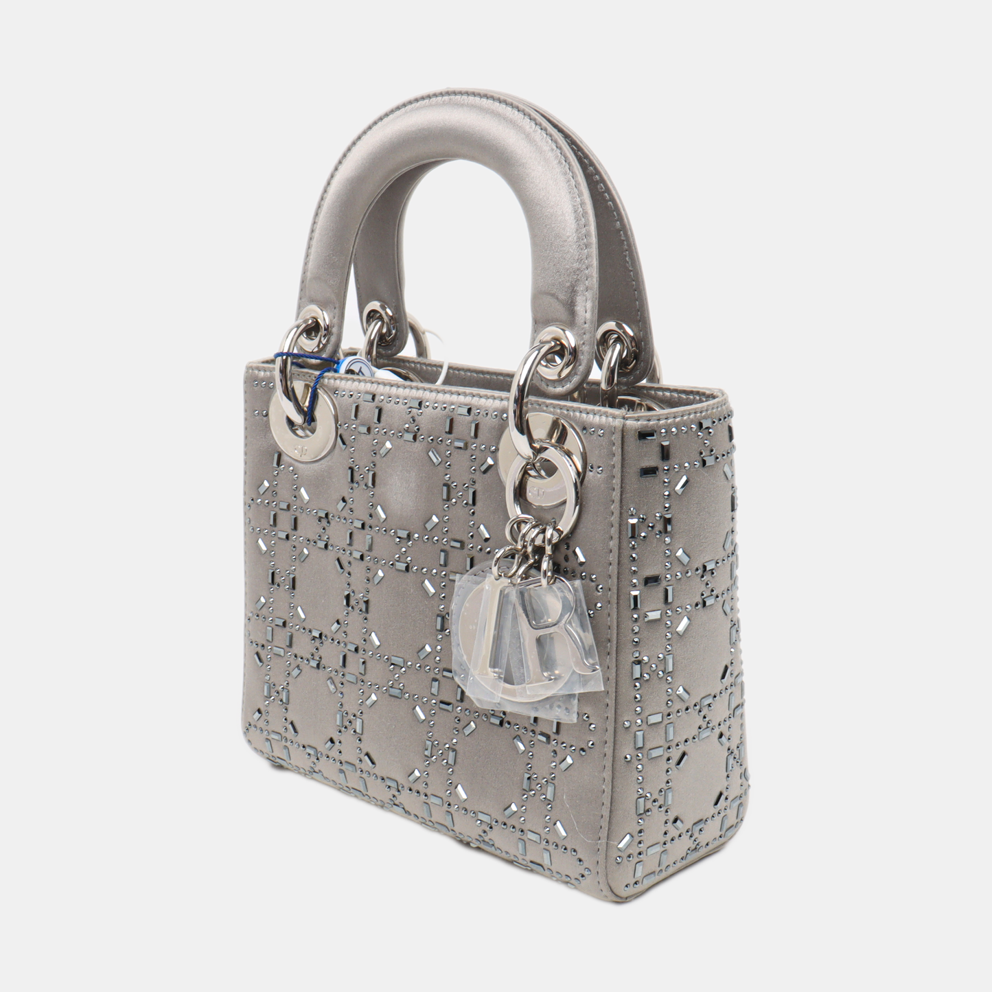 Dior Lady Grey Silk With Crystals Hardware Handbag Silver Mini Travel Bag