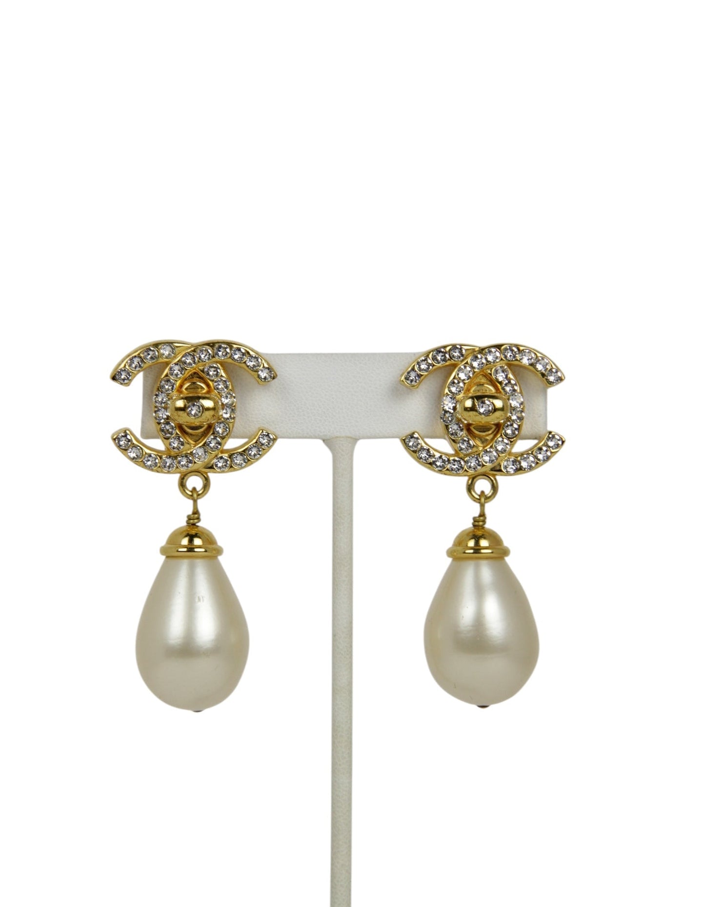 Chanel Crystal CC & Pearl Hanging Clip Earrings Jewelry