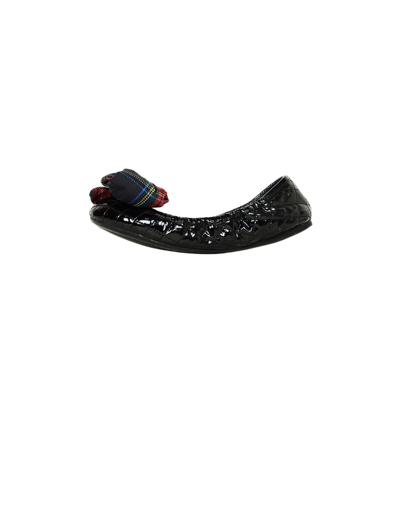 Prada Shoe Flats with Plaid Bow sz 36.5 Leather Patent Black Shoes