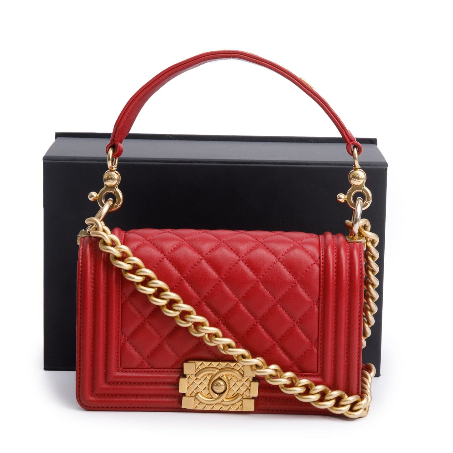 Chanel Quilted Logo Top Handle Boy Leather Lambskin Red Travel Bag