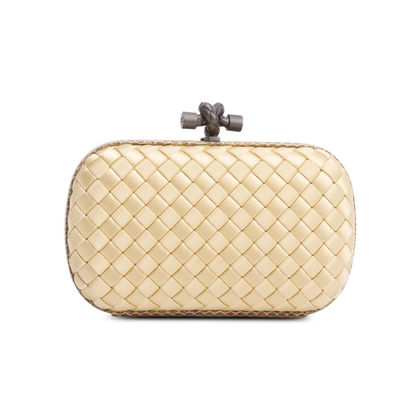 Bottega Veneta Snakeskin Trimmed Intrecciato Knot Clutch Satin Gold Clutch Bag