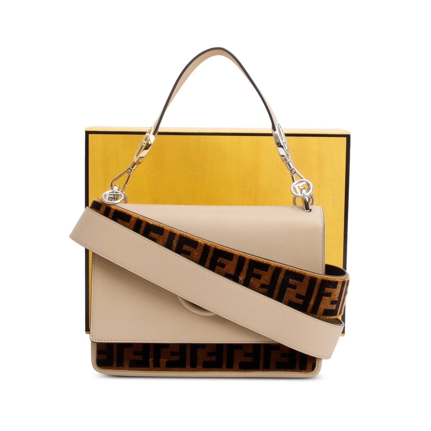 Fendi Calfskin Ff Zucca Velvet Is Kan Shoulder Leather Beige Shoulder Bag
