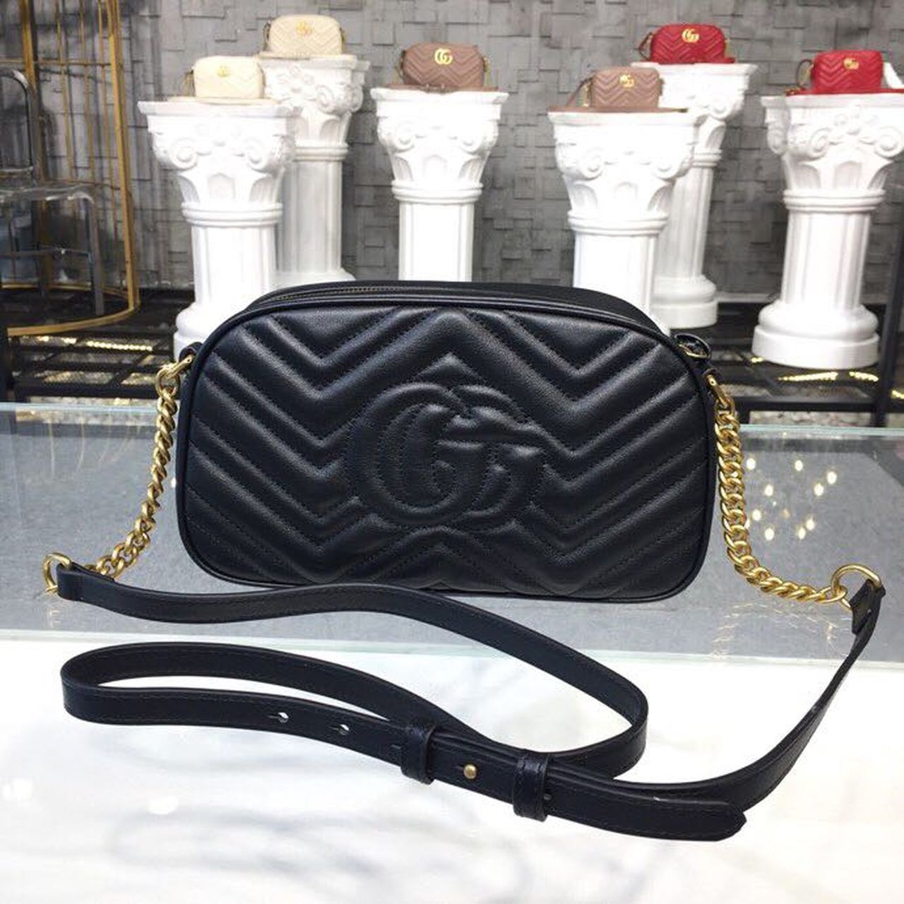 gg Marmont Matelassé Chevron Black Small Shoulder Bag Beaunoirrbeaunoirr Dtd1T