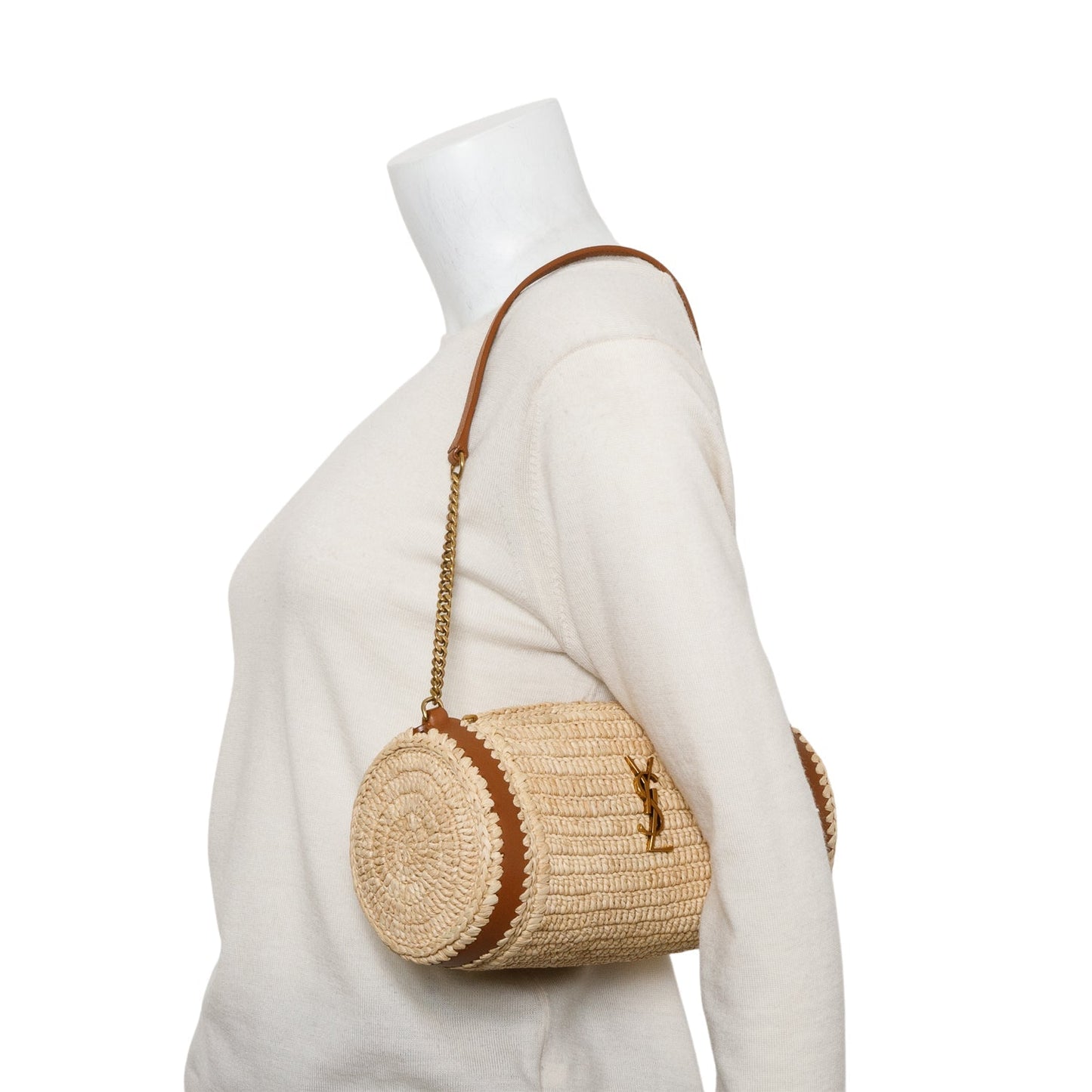 YSL Saint Laurent Neutral Sade Tube Bag Raffia Small Travel Bag