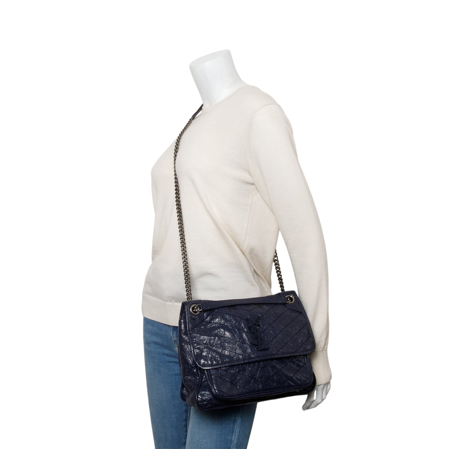 YSL Saint Laurent Crinkled Calfskin Niki Shoulder Bag Leather Blue