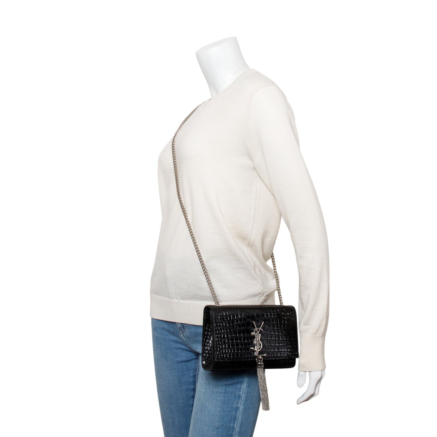 YSL Saint Laurent Crocodile Embossed Small Classic Kate Tassel Chain Leather Monogram Travel Bag Bag 63425