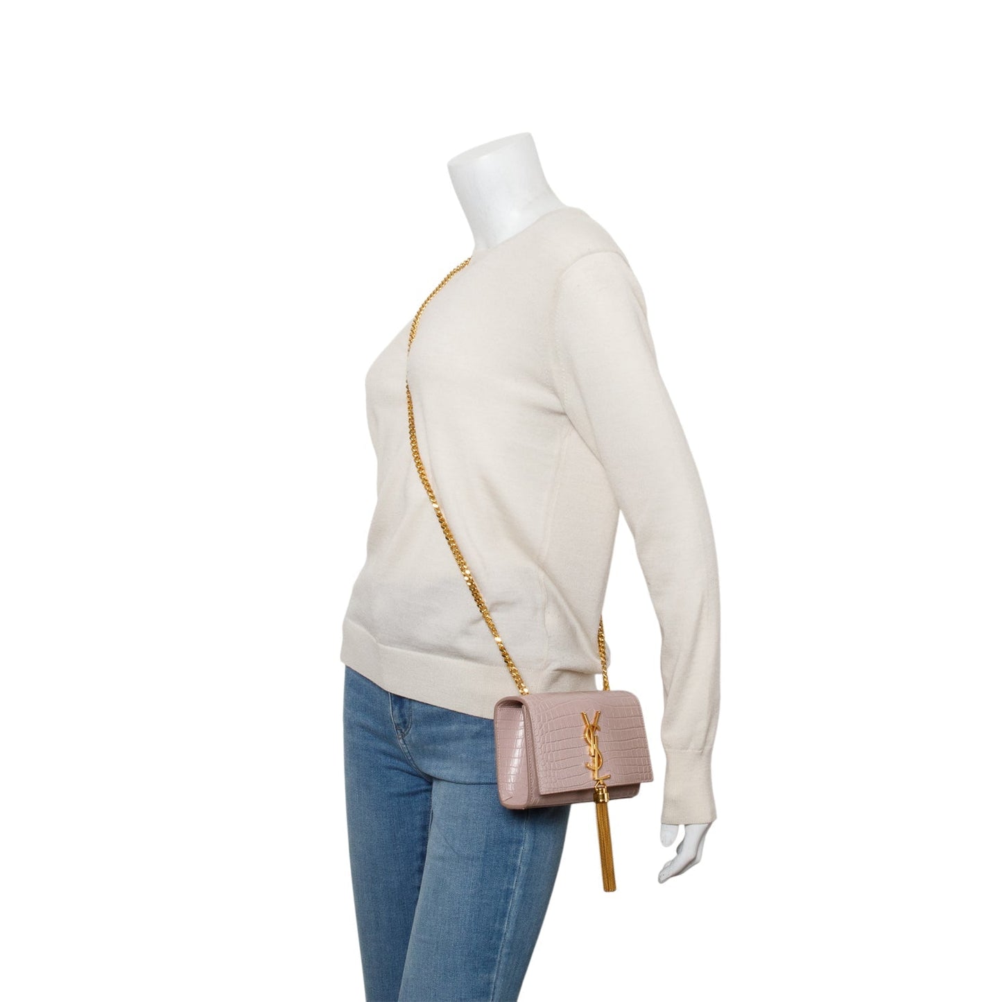 YSL Saint Laurent Croc Embossed Kate Tassel Bag Leather Pink Travel Bag