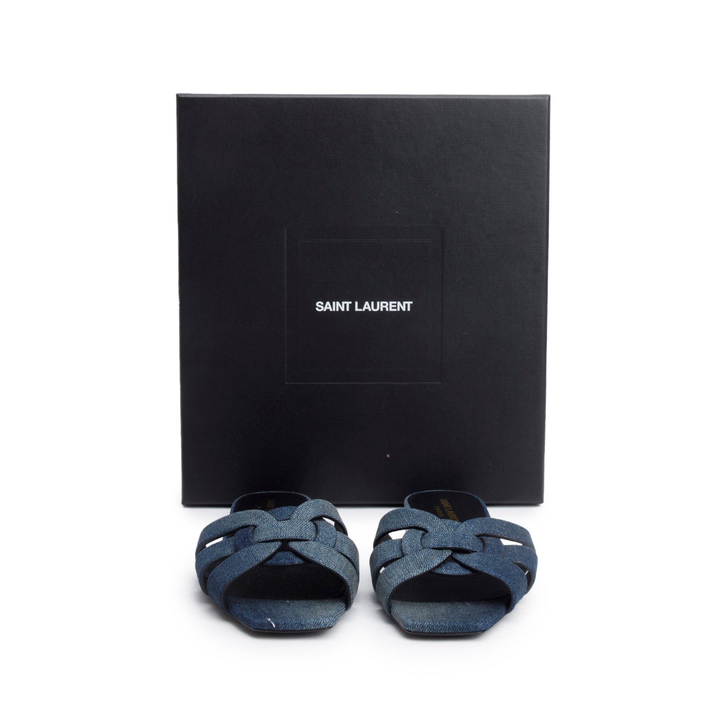 YSL Saint Laurent Tribute Flat Slides Size Travel Bag Denim Blue Shoes