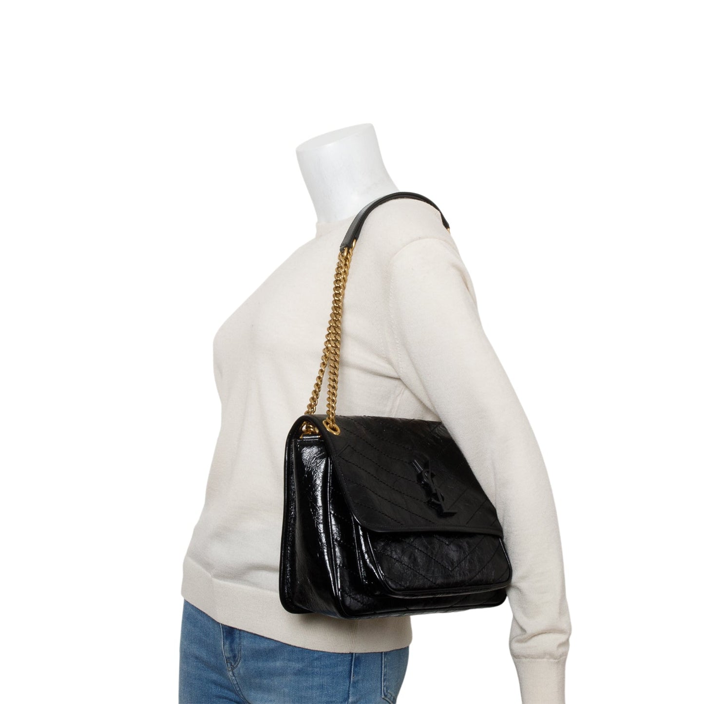 YSL Saint Laurent Crinkled Calfskin Niki Shoulder Bag Leather Black