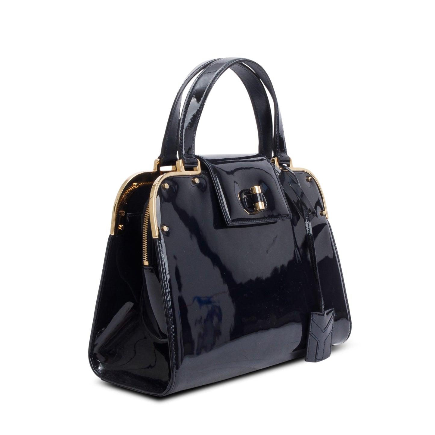 YSL Saint Laurent Navy Patent Rive Gauche Uptown Handle Bag Leather Medium Travel Bag