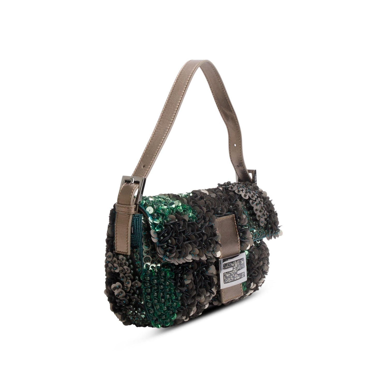 Fendi Vitello Sequin Beaded Baguette Bag Green Travel Bag