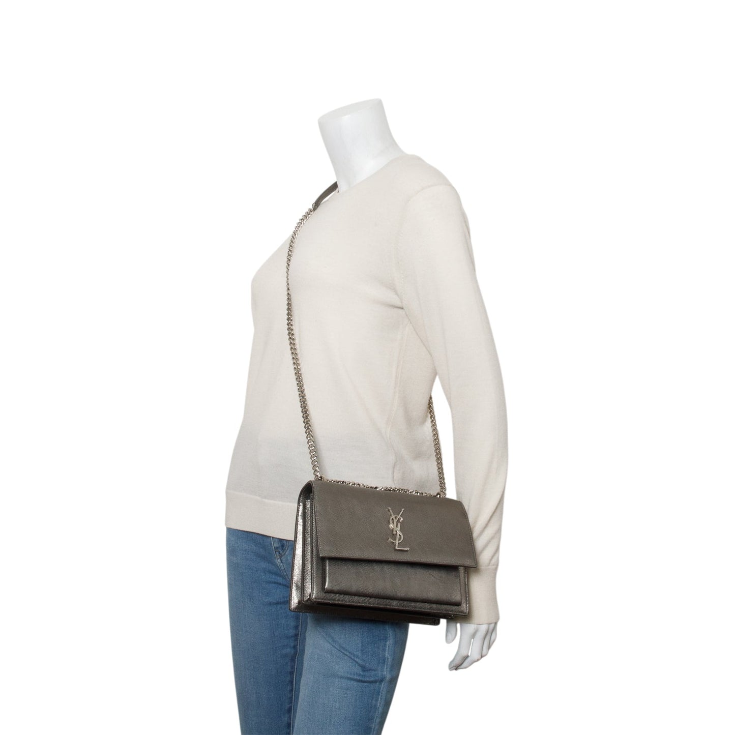 YSL Saint Laurent Grey Metallic Grain De Poudre Sunset Bag Leather Medium Travel Bag