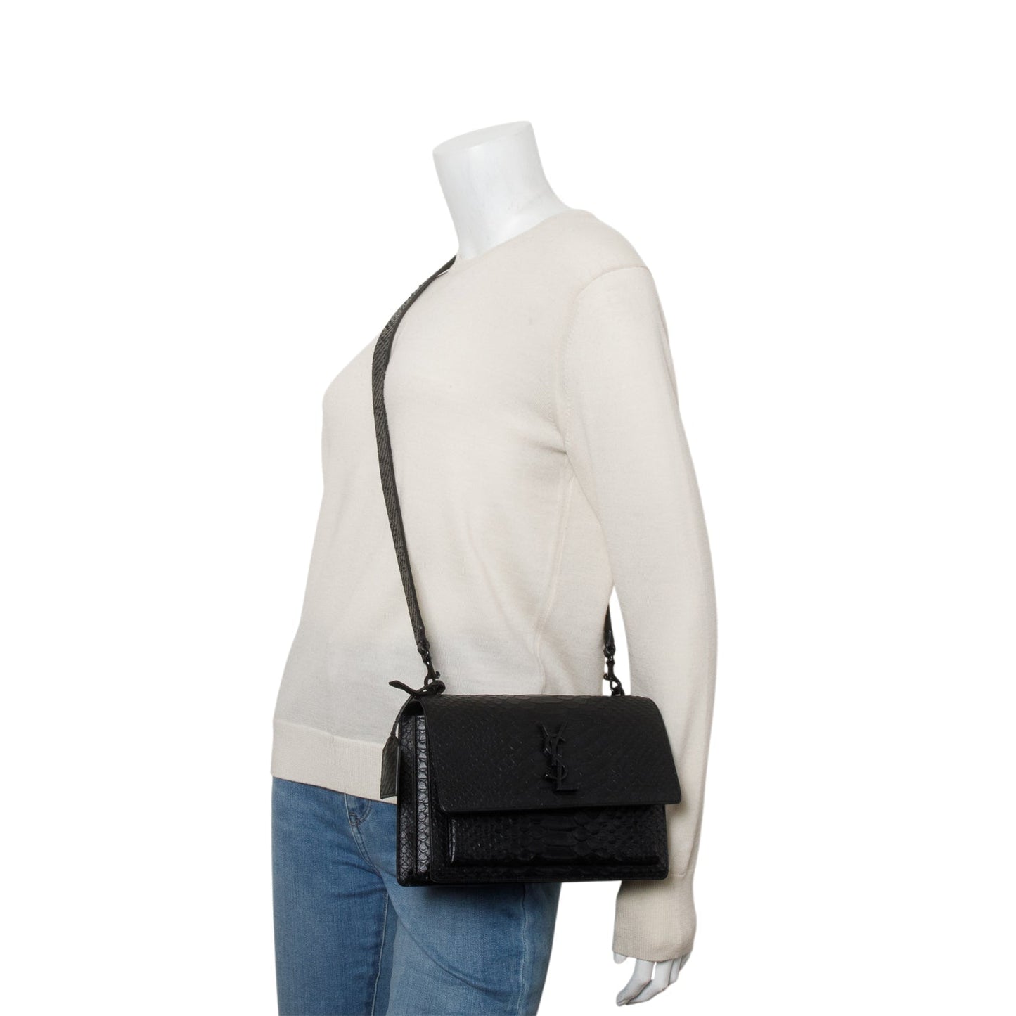 YSL Saint Laurent So Python Embossed Calfskin Sunset Shoulder Bag Leather Black