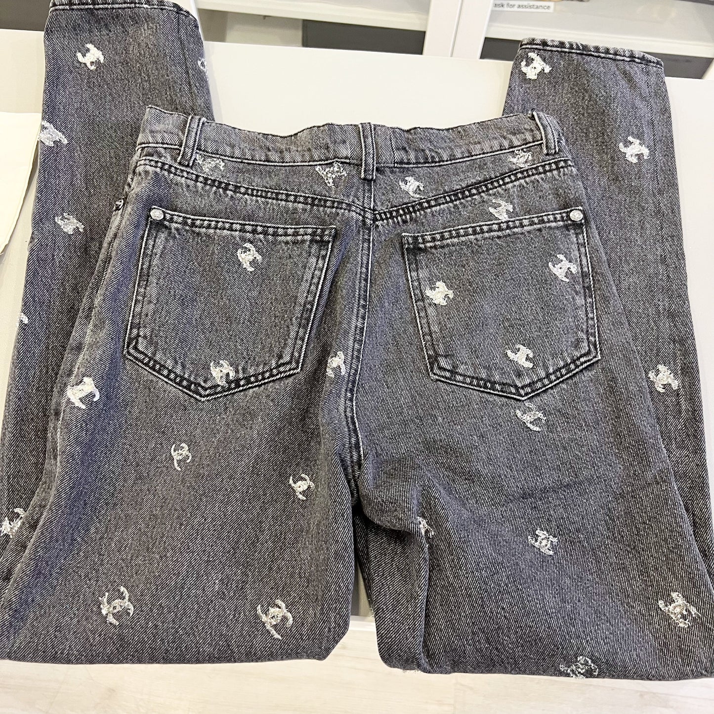 Chanel Black Denim Jeans with Silver Embroidered CC Logo Size 38 Apparel