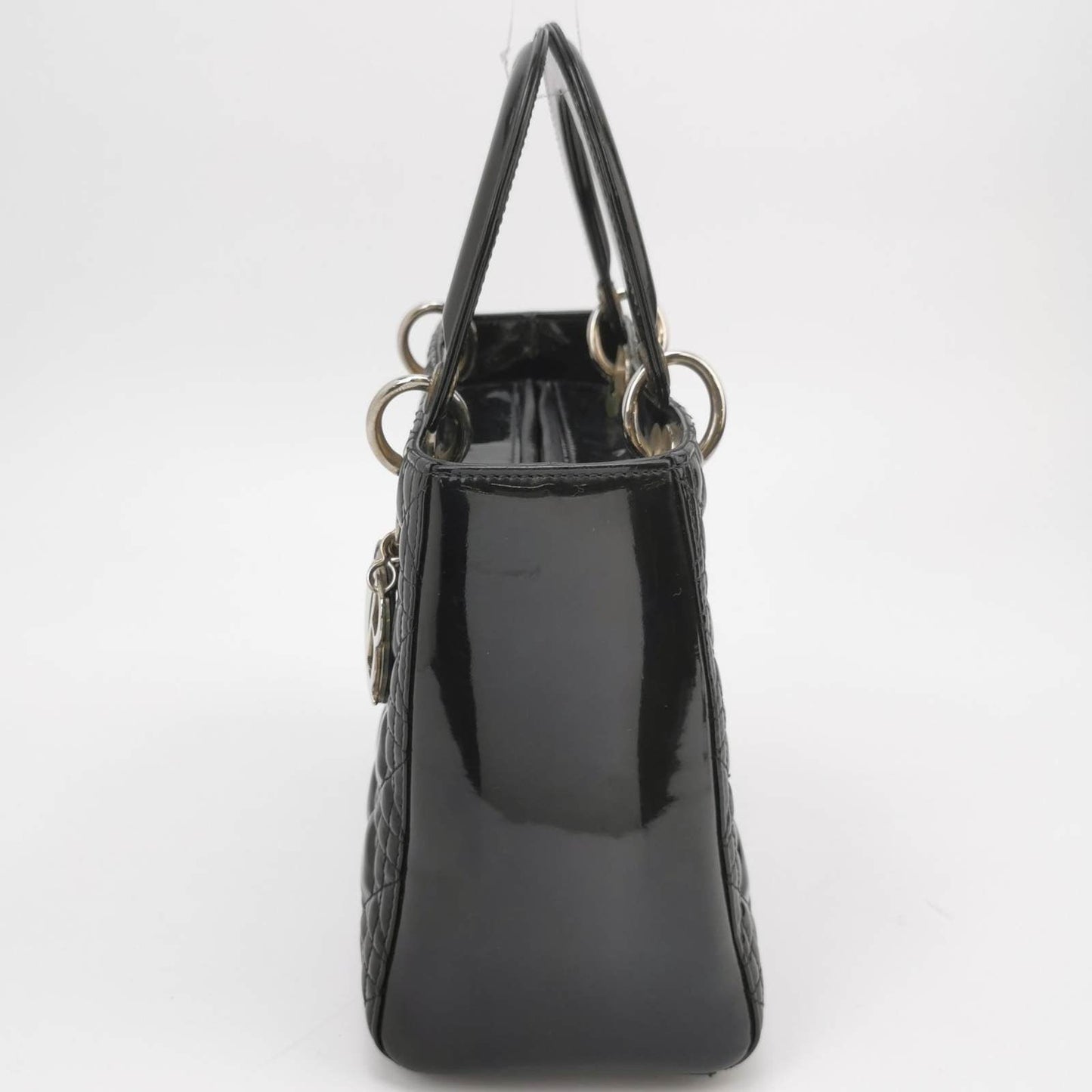 Dior Lady Medium Patent Handbag With Hardware Leather Black Travel Bag Silver Hardware
