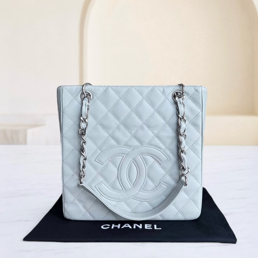 Chanel PST Petite Shopping Tote - Caviar Light Quilted Silver Tote Bag