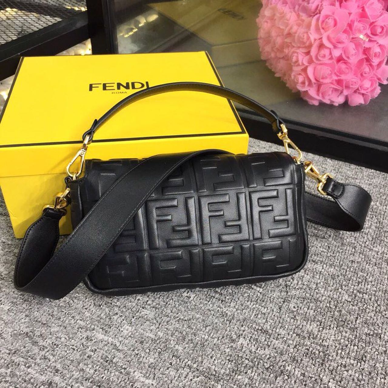 Fendi Top QualityTop Quality Baguette Nappa Black FF Crossbody Bag
