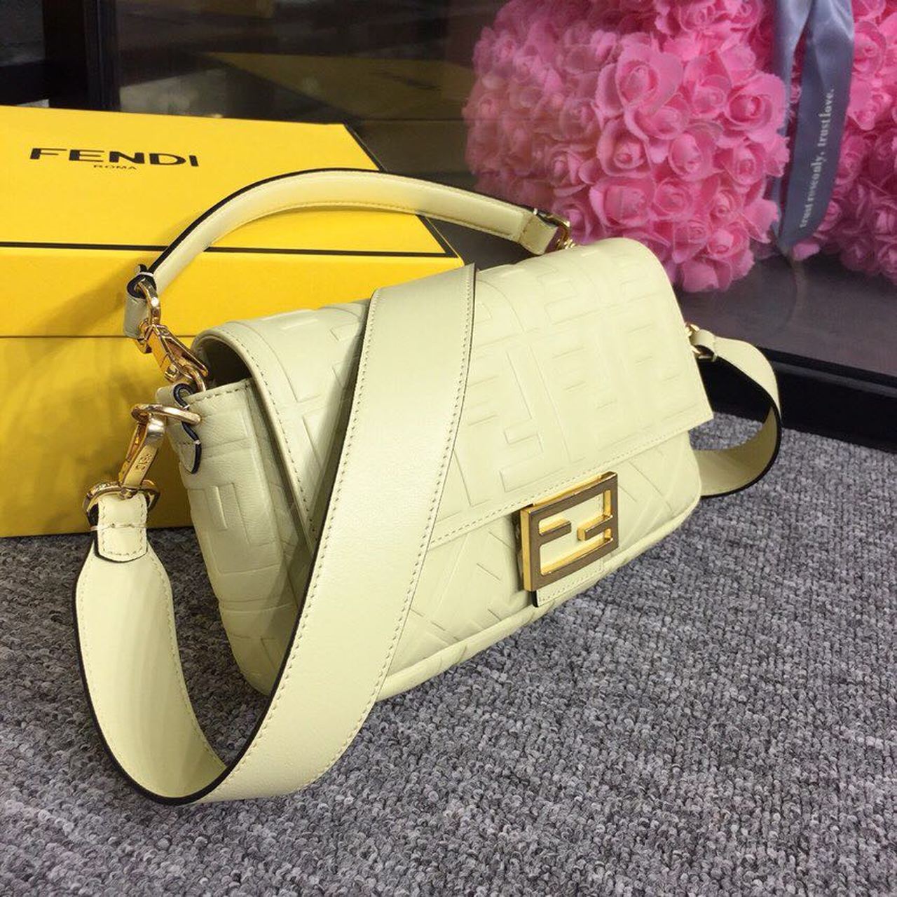 Fendi Top QualityTop Quality Baguette Nappa Cream FF Crossbody Bag
