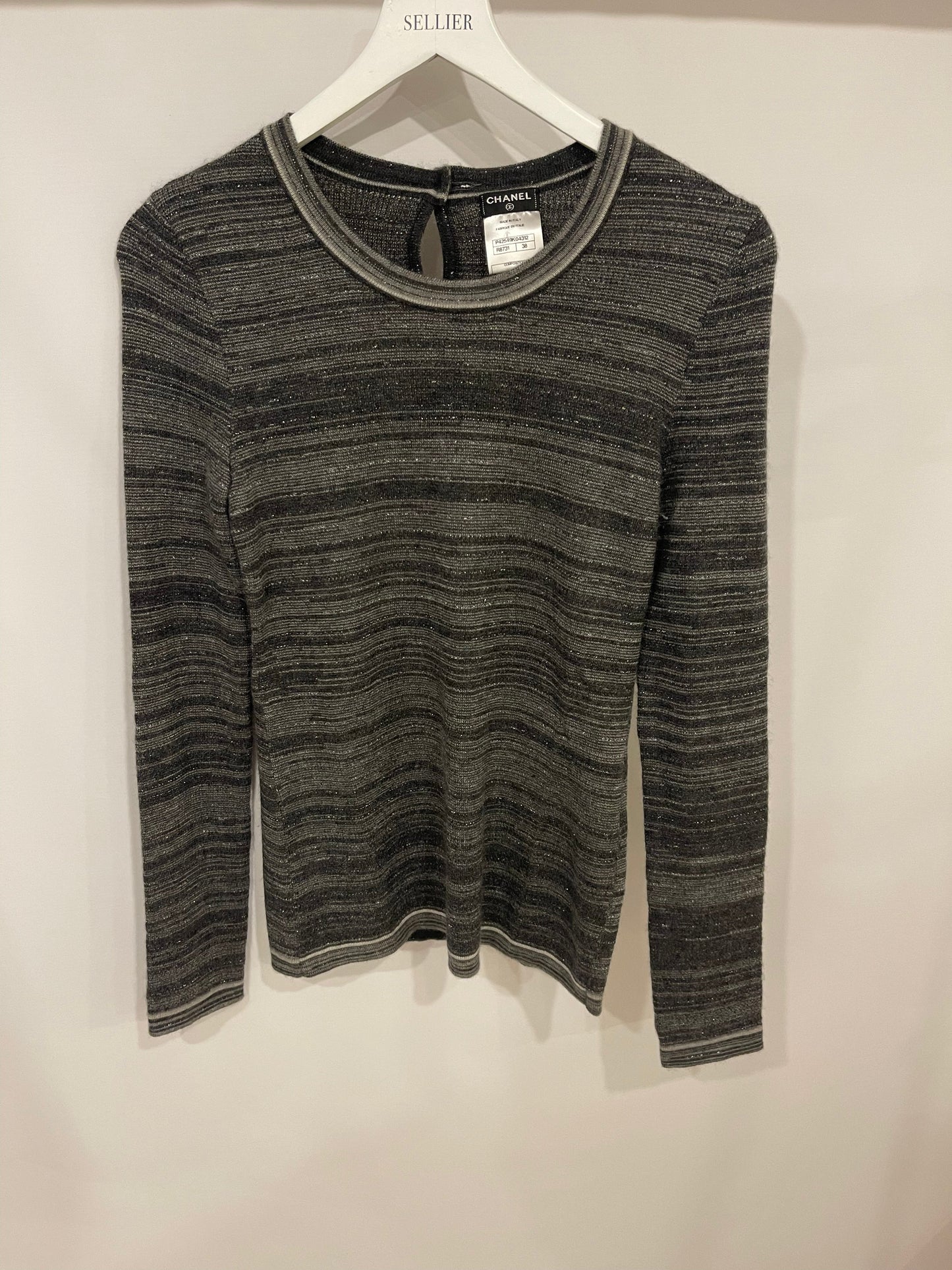 Chanel Grey Striped Cashmere Metallic Thread Long-Sleeve Top Size FR 38 (UK 10) Accessory