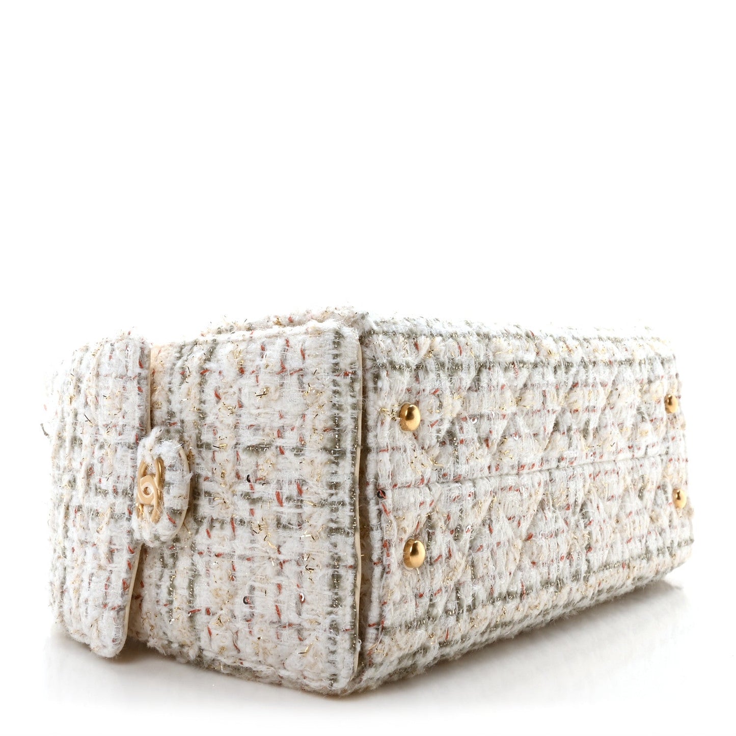 Chanel Tweed Quilted Small 25 Handbag Ecru Khaki Gold Red