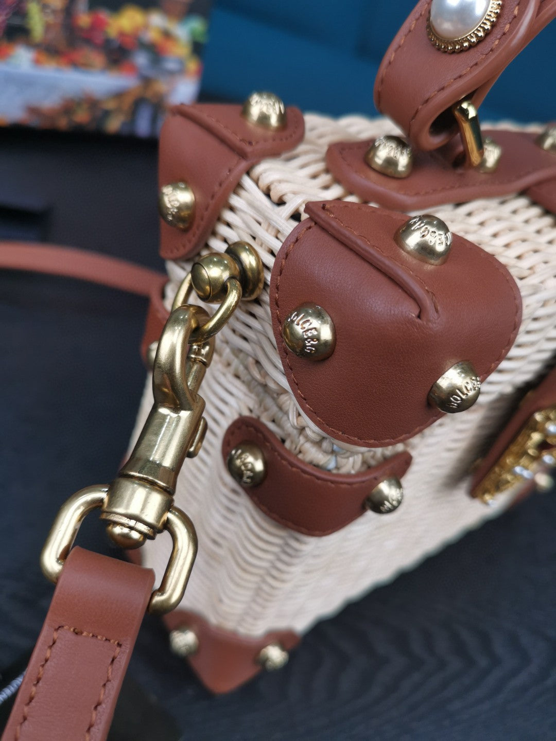 Amore Wicker Box Beige Top Handle Travel Bag
