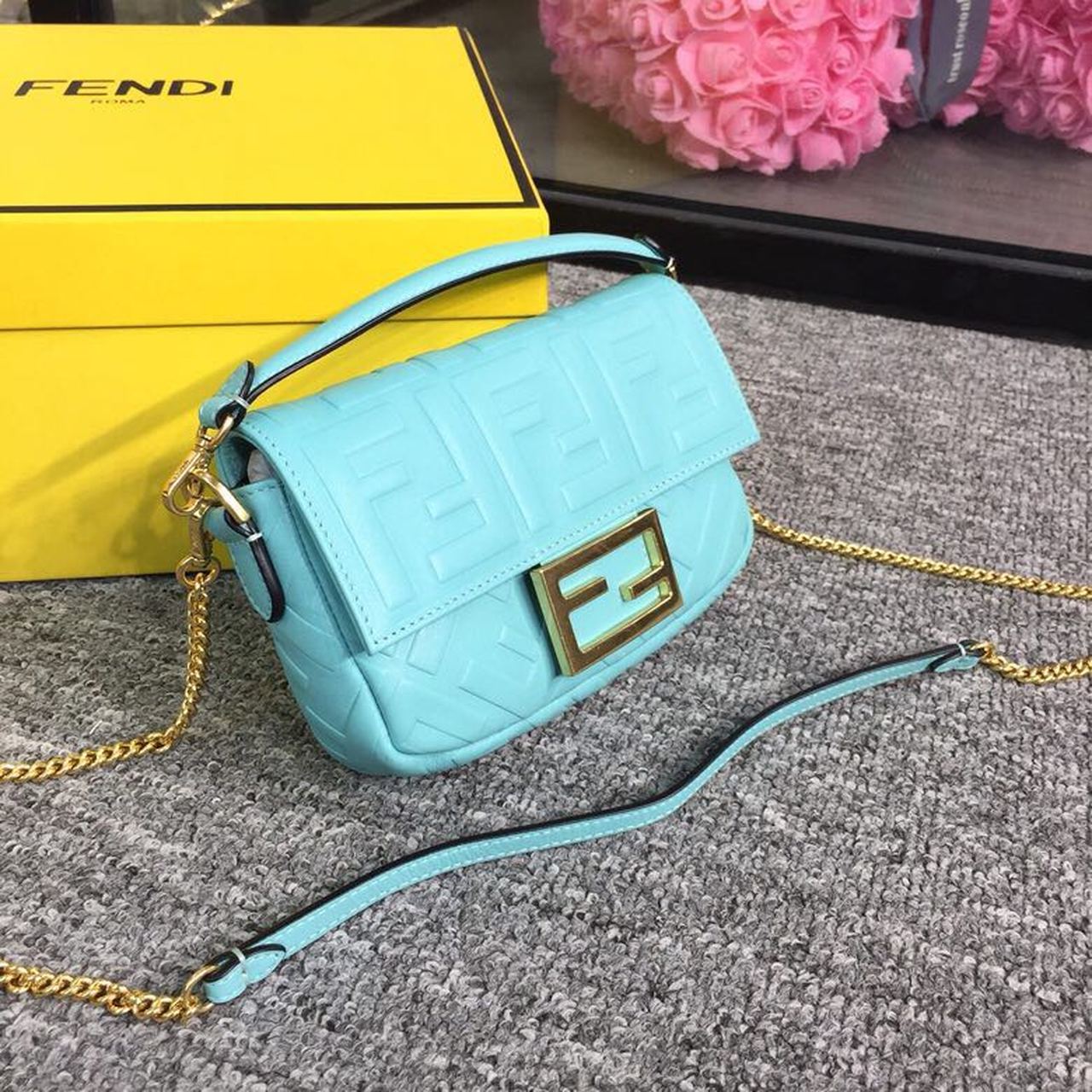 Fendi Top QualityTop Quality Baguette Nappa Blue FF Crossbody Bag Ff 8Bs017