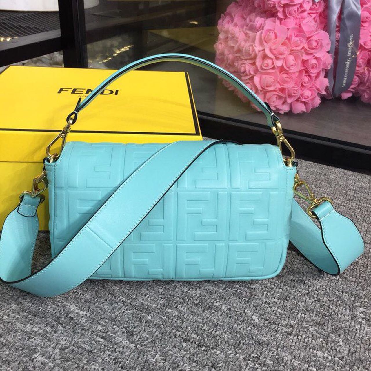 Fendi Top QualityTop Quality Baguette Nappa Blue FF Crossbody Bag