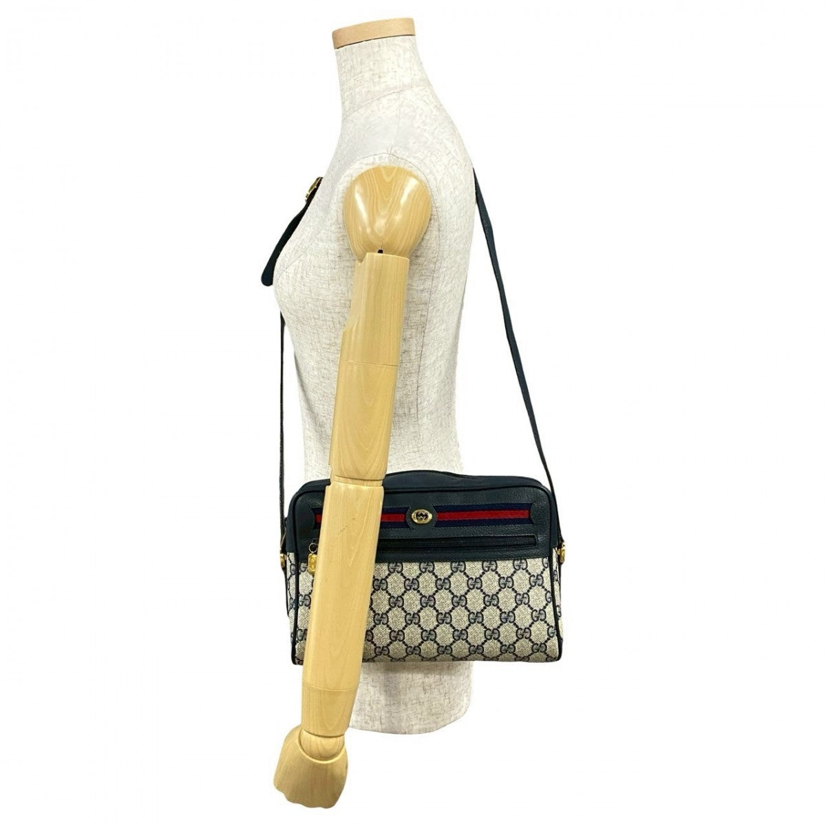 Gucci PVC GG Pattern Sherry line Leather Navy Logo Shoulder Bag