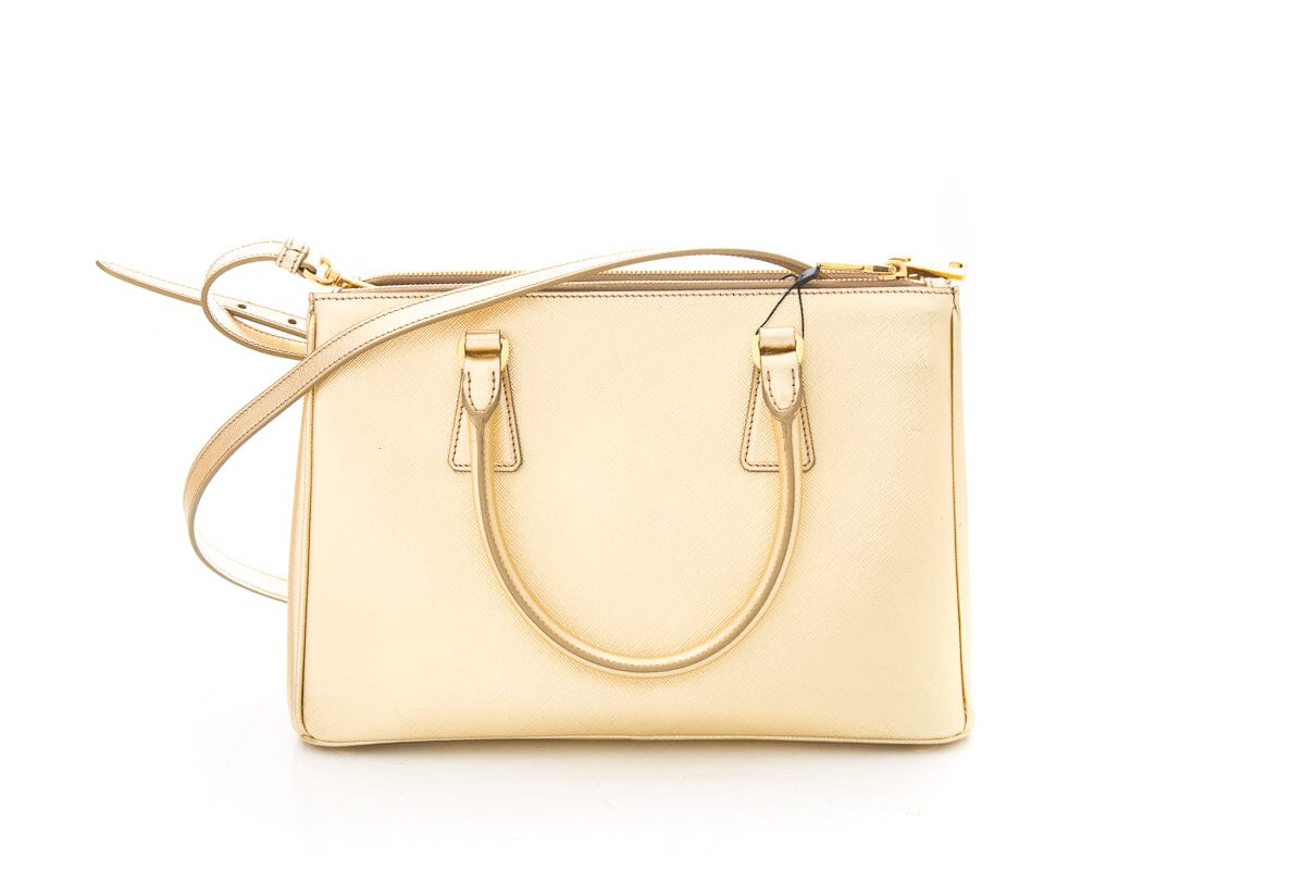 Prada Metallic Double Handbag Leather Saffiano Gold Travel Bag