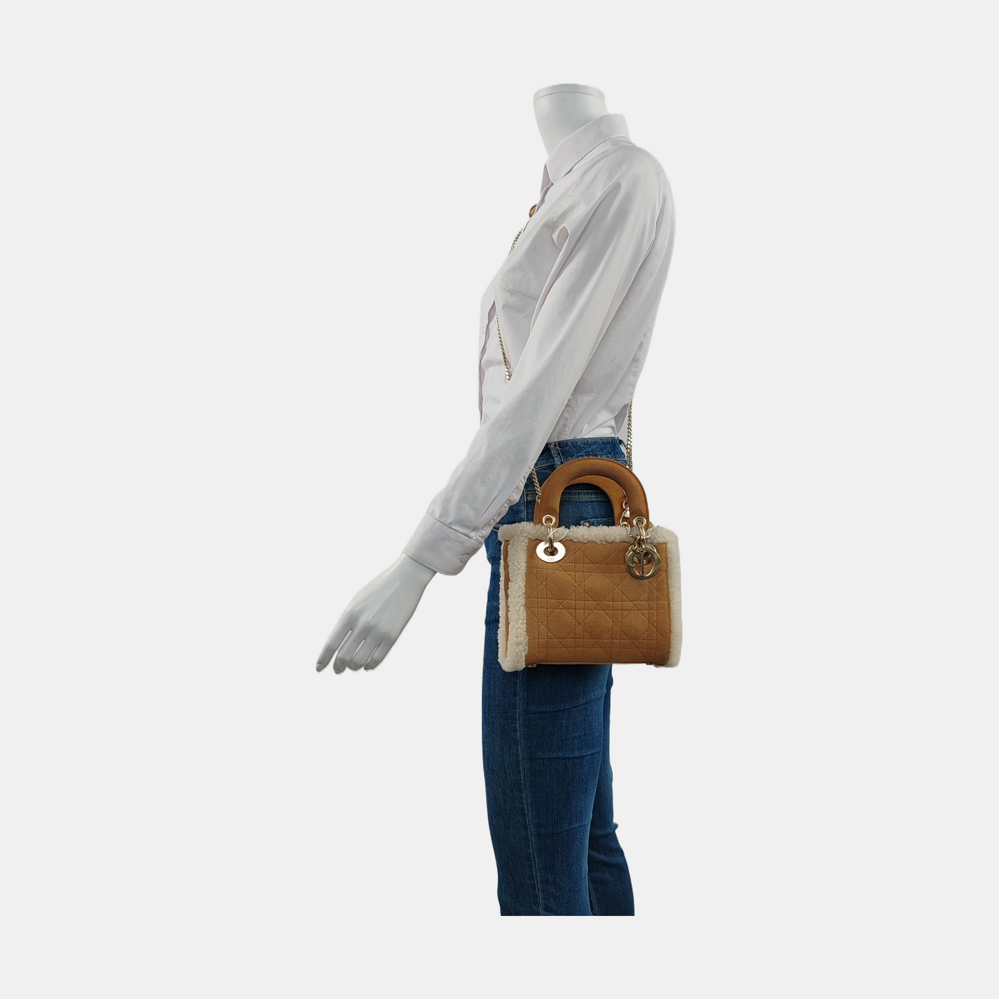 Dior Lady Mini Handbag Shearling Hardware Leather Brown Travel Bag