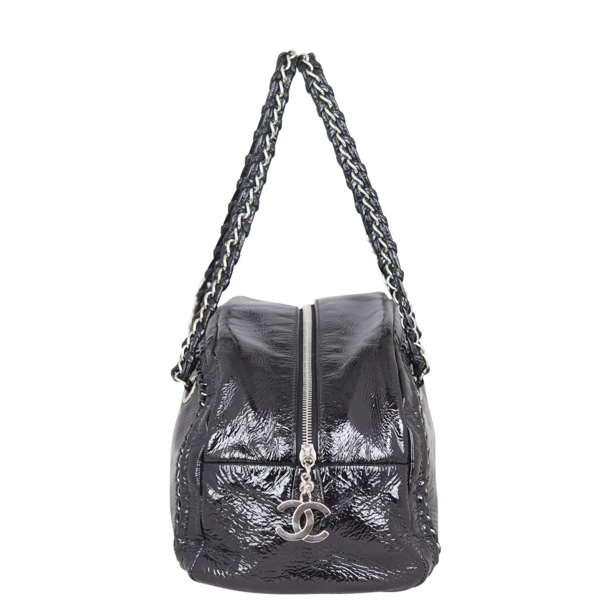 Chanel Luxe Ligne Bowler Aged Patent Handbag Black