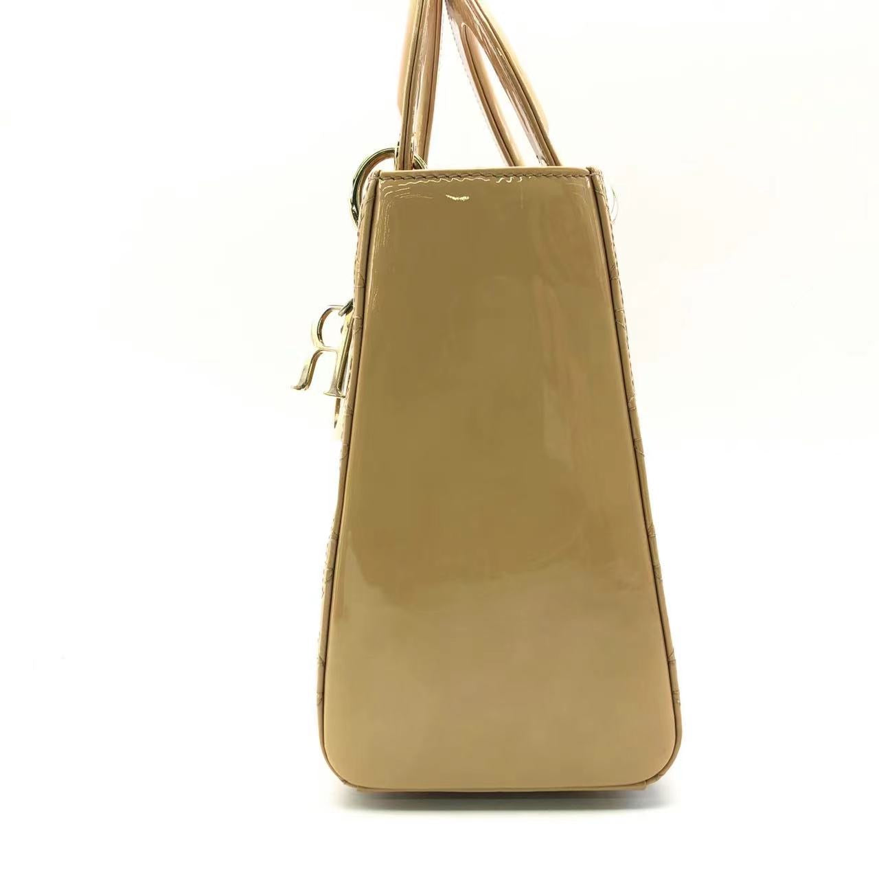 Dior Lady Medium Patent With Tone Hardware Handbag Leather Beige Travel Bag