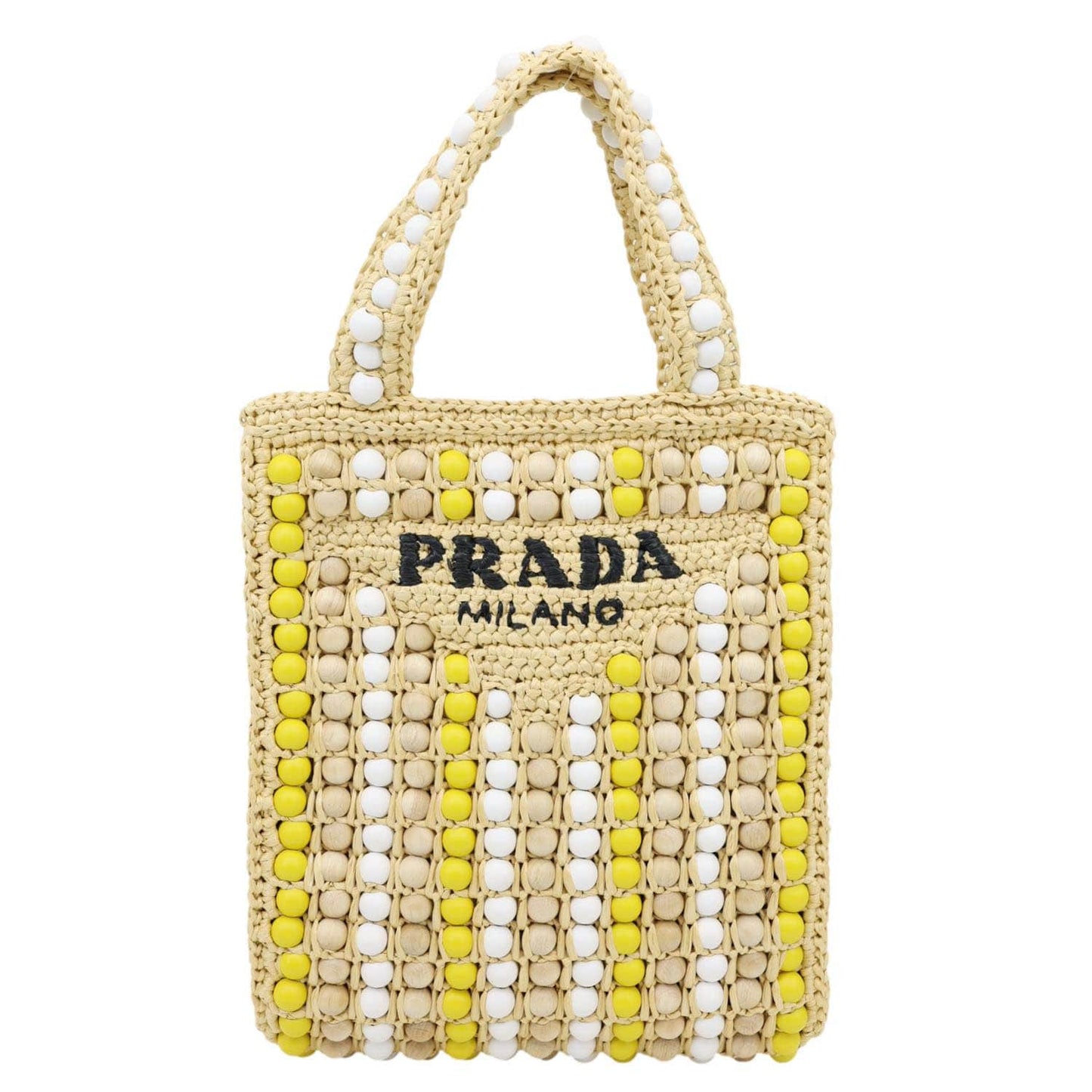 Prada Tote Bag Wood Bead Raffia Multicolor Logo