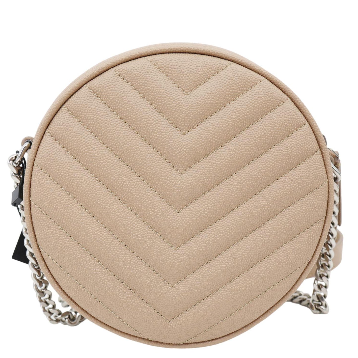YSL Saint Laurent Yves Vinyle Round Chevron Camera Crossbody Bag Leather Beige