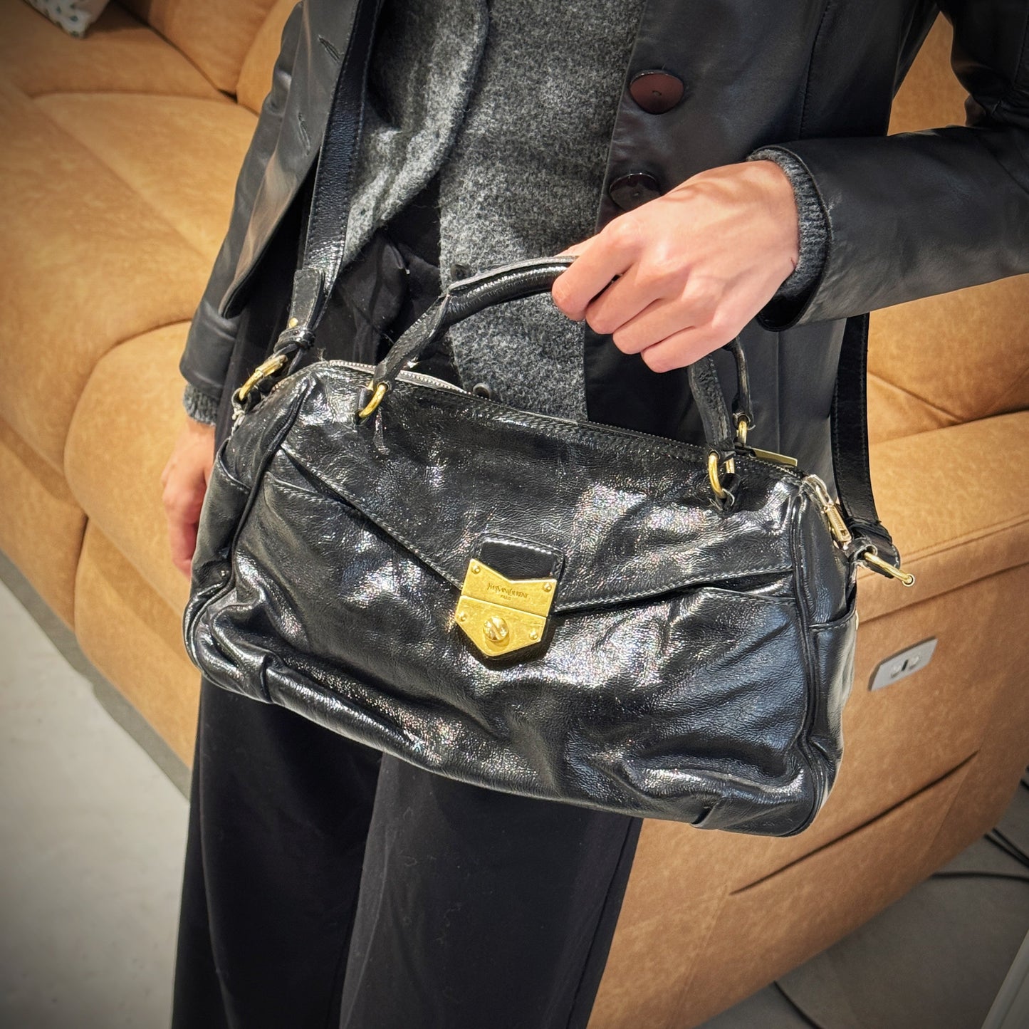 YSL Saint Laurent Yves Bag Tws Leather Patent Black Travel Bag