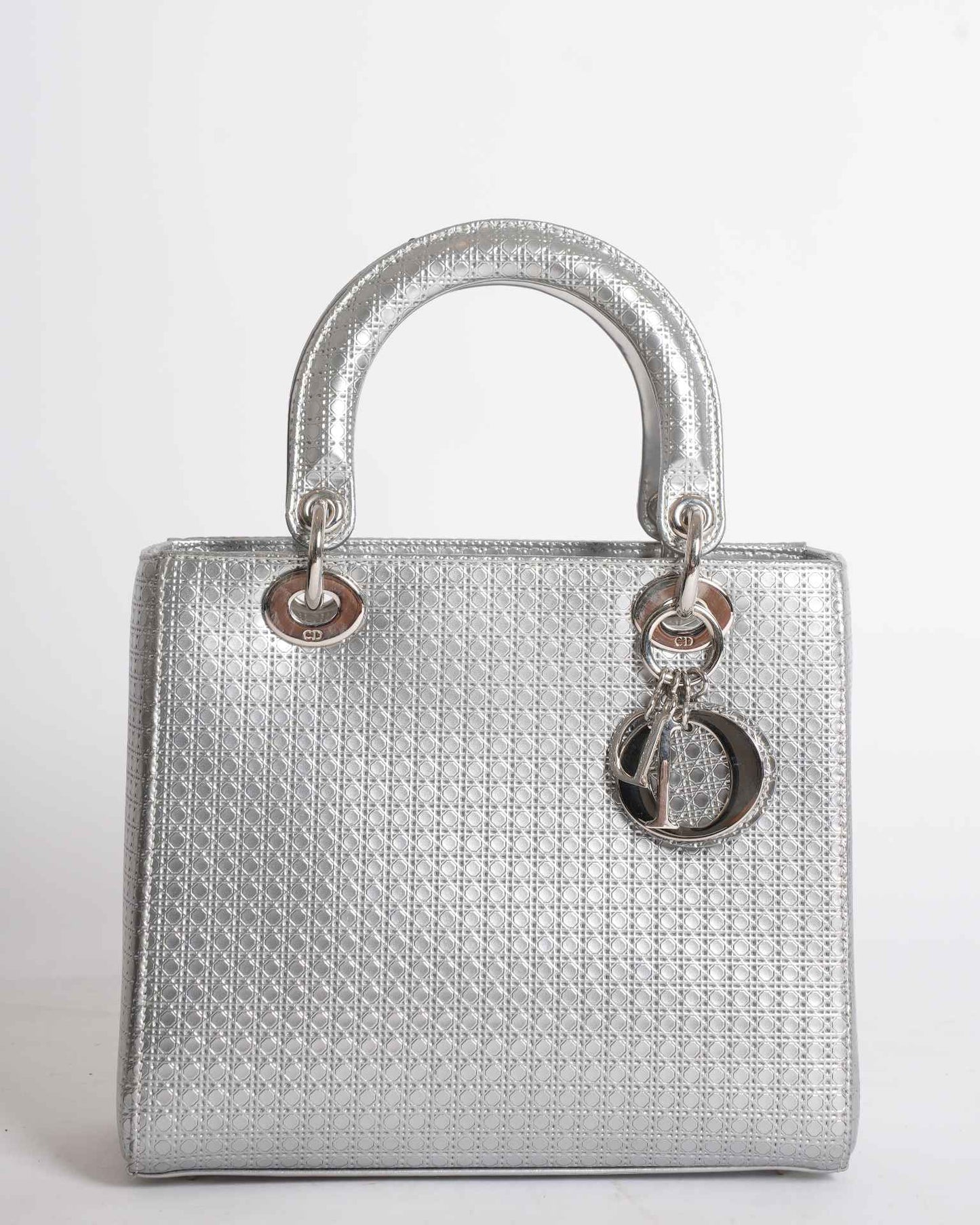 Dior Handbag Lady Cannage Motif Bag In Metallic Silver Small Top Handle