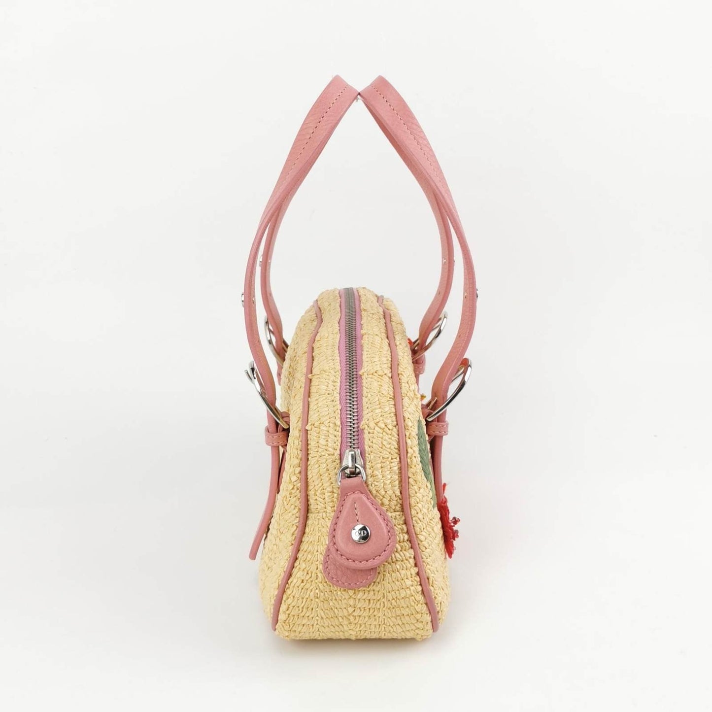Dior Wicker Boston Bag Floral Embroidery Leather Pink Travel Bag