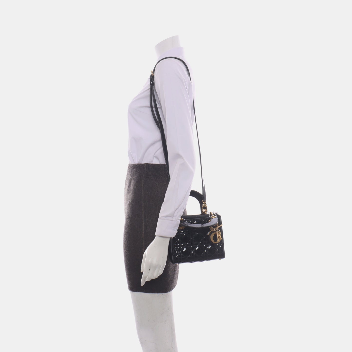 Dior Lady Mini Patent Handbag With Hardware Strap Leather Black Travel Bag