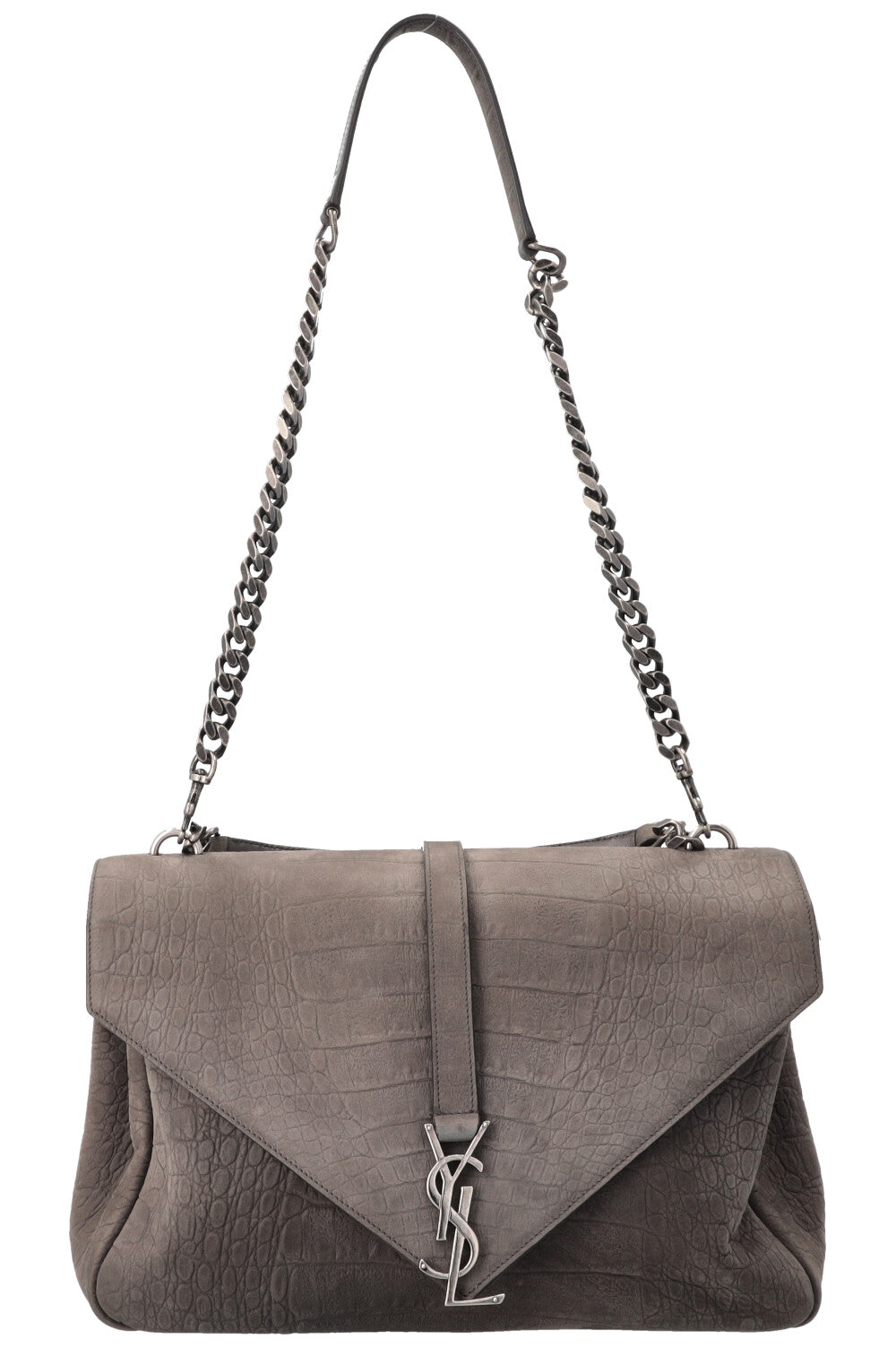 YSL Saint Laurent Croc College Bag Grey Gray Embossed Handbag