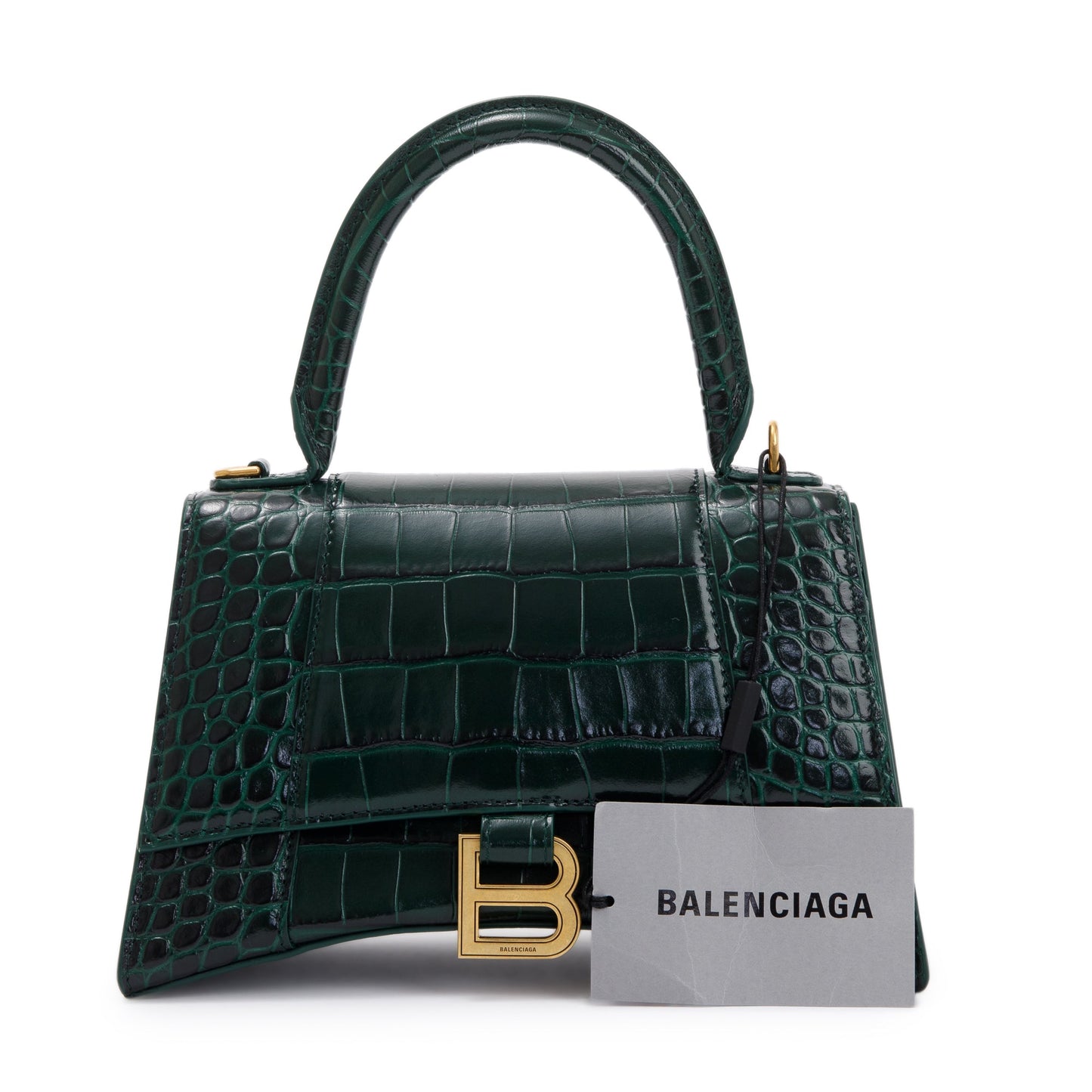 Balenciaga Croc Embossed Calfskin Hourglass Top Handle Bag Leather Green Travel Bag