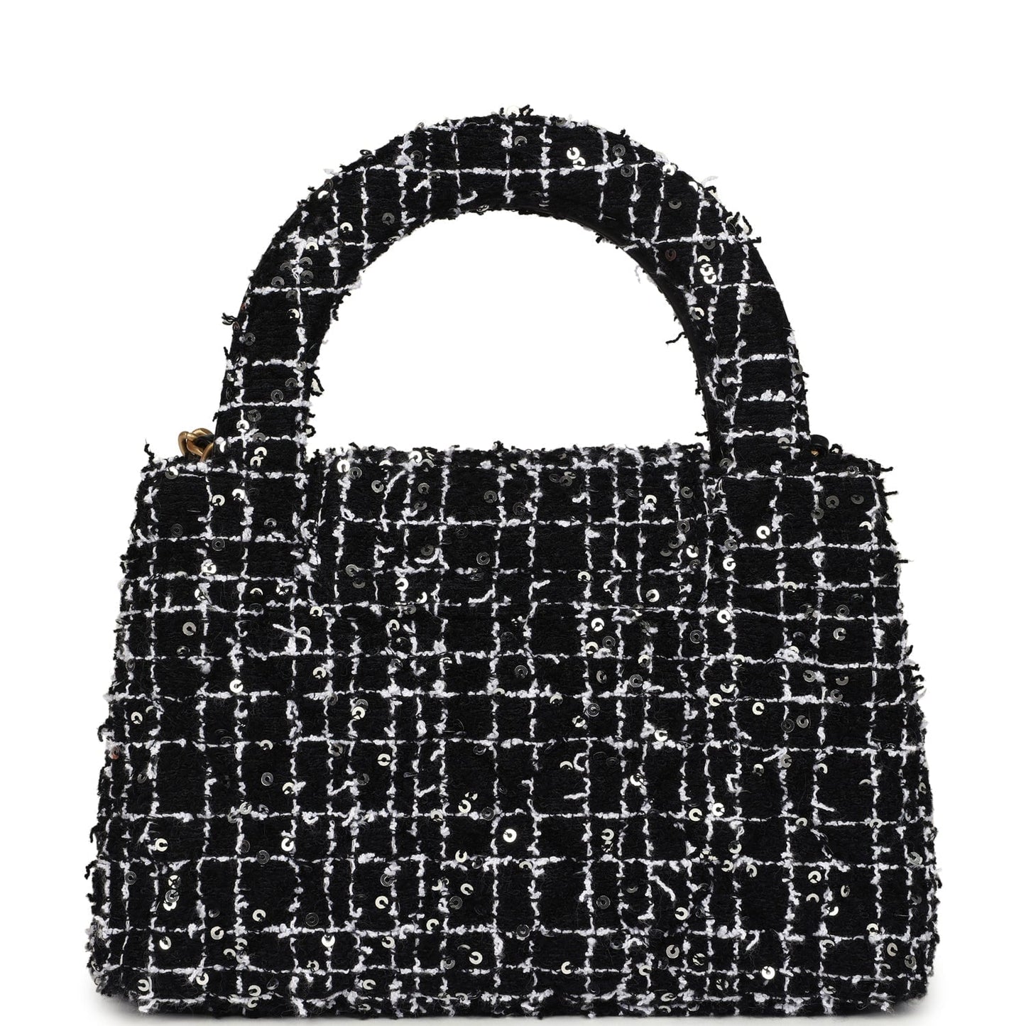 Chanel Small Kelly Shopper Black, White & Silver Sequin Tweed Brushed Gold Hardware Bag