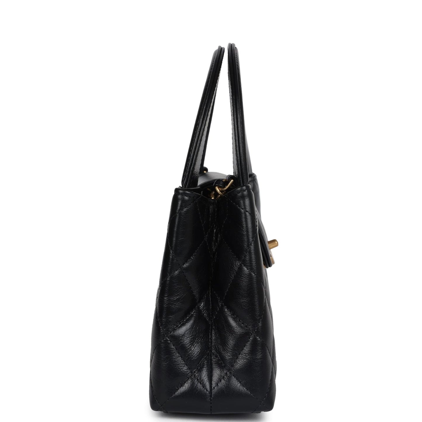 Small Kelly Shopper Black Shiny Aged Calfskin Brushed Gold Hardware Bag Polished