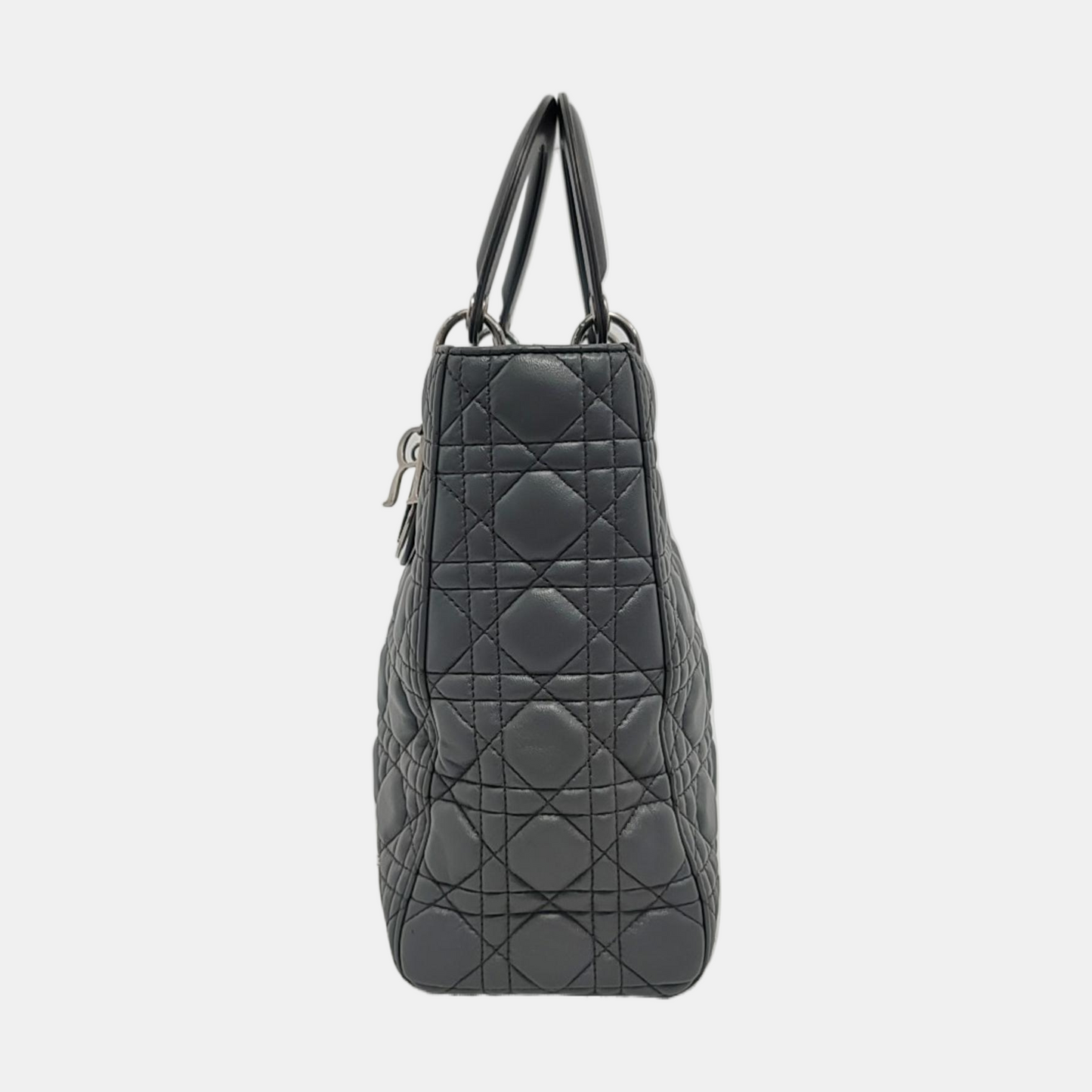 Dior Lady Dark Grey Lambskin Cannage Hardware Handbag Leather Silver Travel Bag