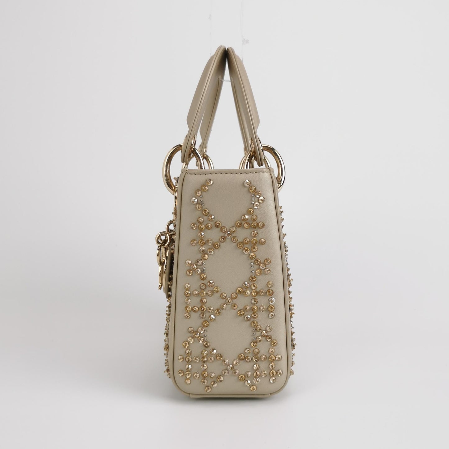 Dior Lady Calfskin With Crystals Hardware Handbag Leather Gold Travel Bag