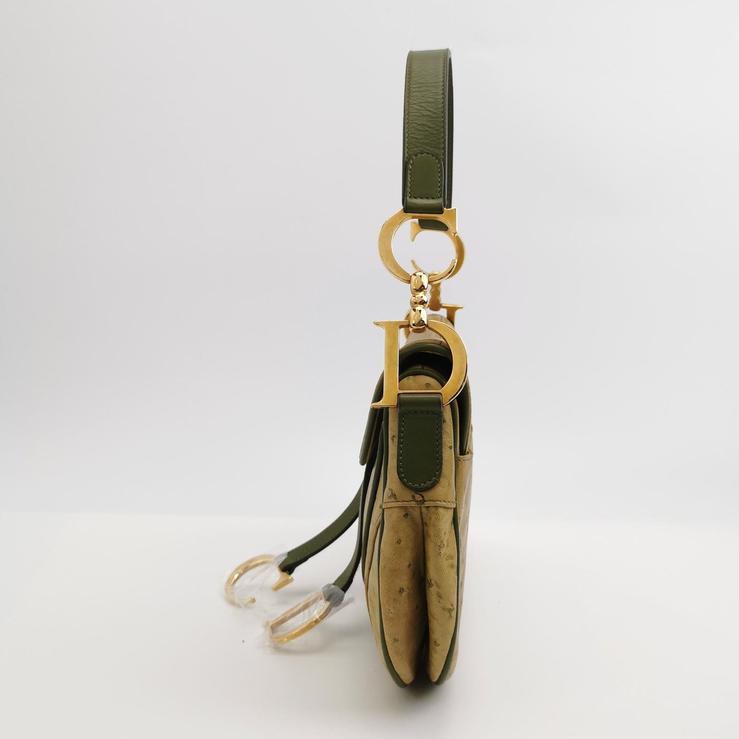 Dior Double Saddle Ostrich Hardware Handbag Leather Green Travel Bag
