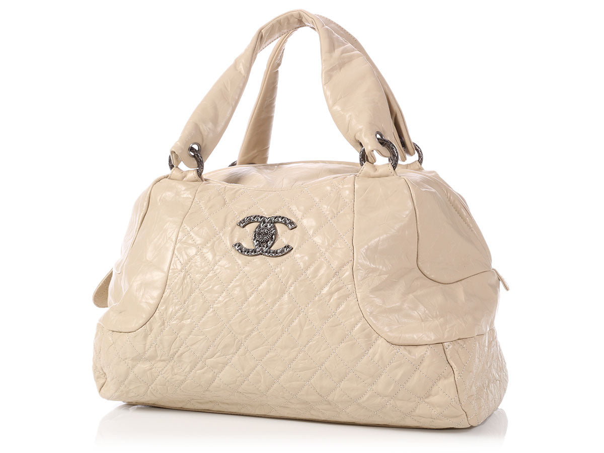 Chanel Extra Crinkled Calfskin Bowler Handbag Cream Large Satchel Bag