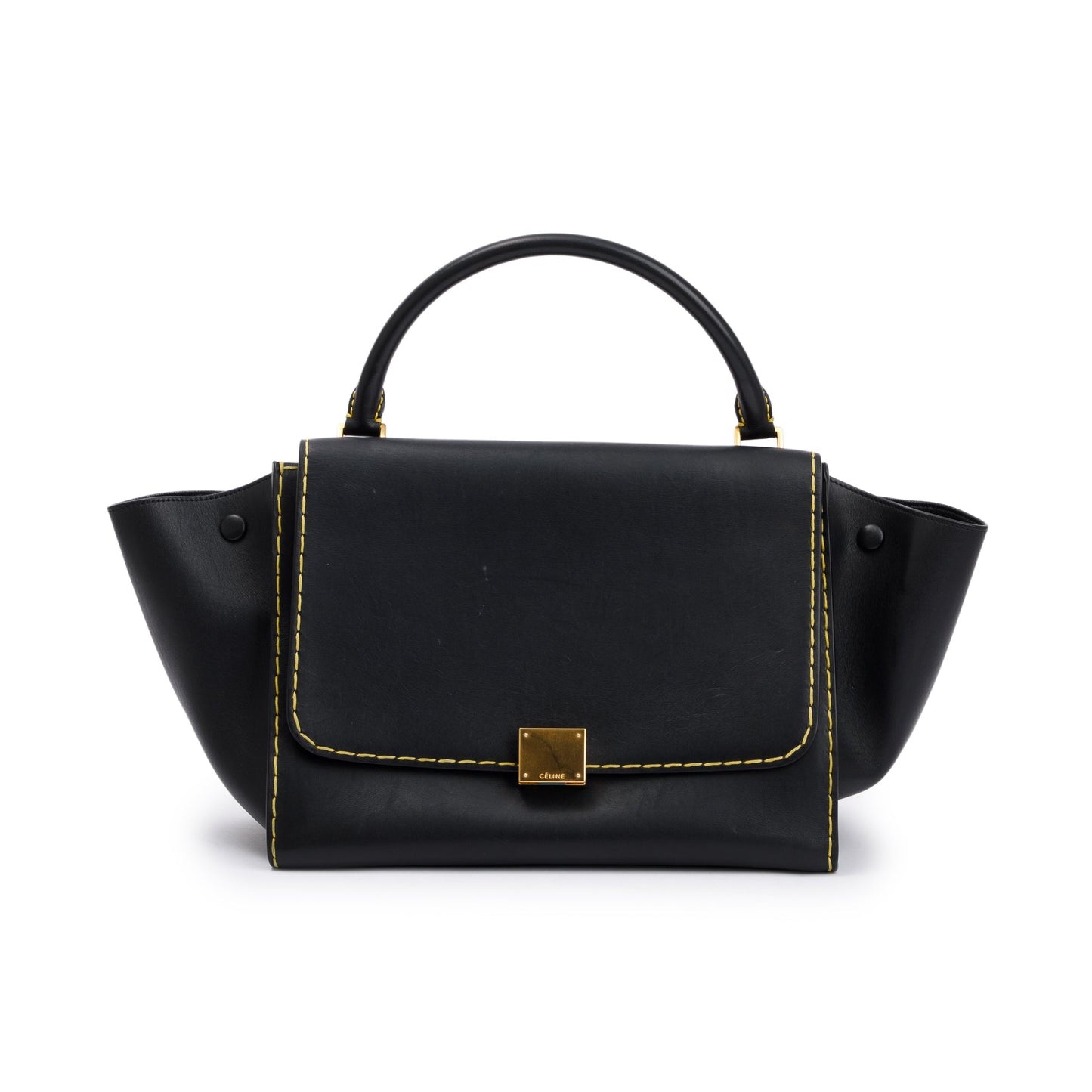 Celine Smooth Calfskin Yellow Stitching Trapeze Bag Leather Black Travel Bag