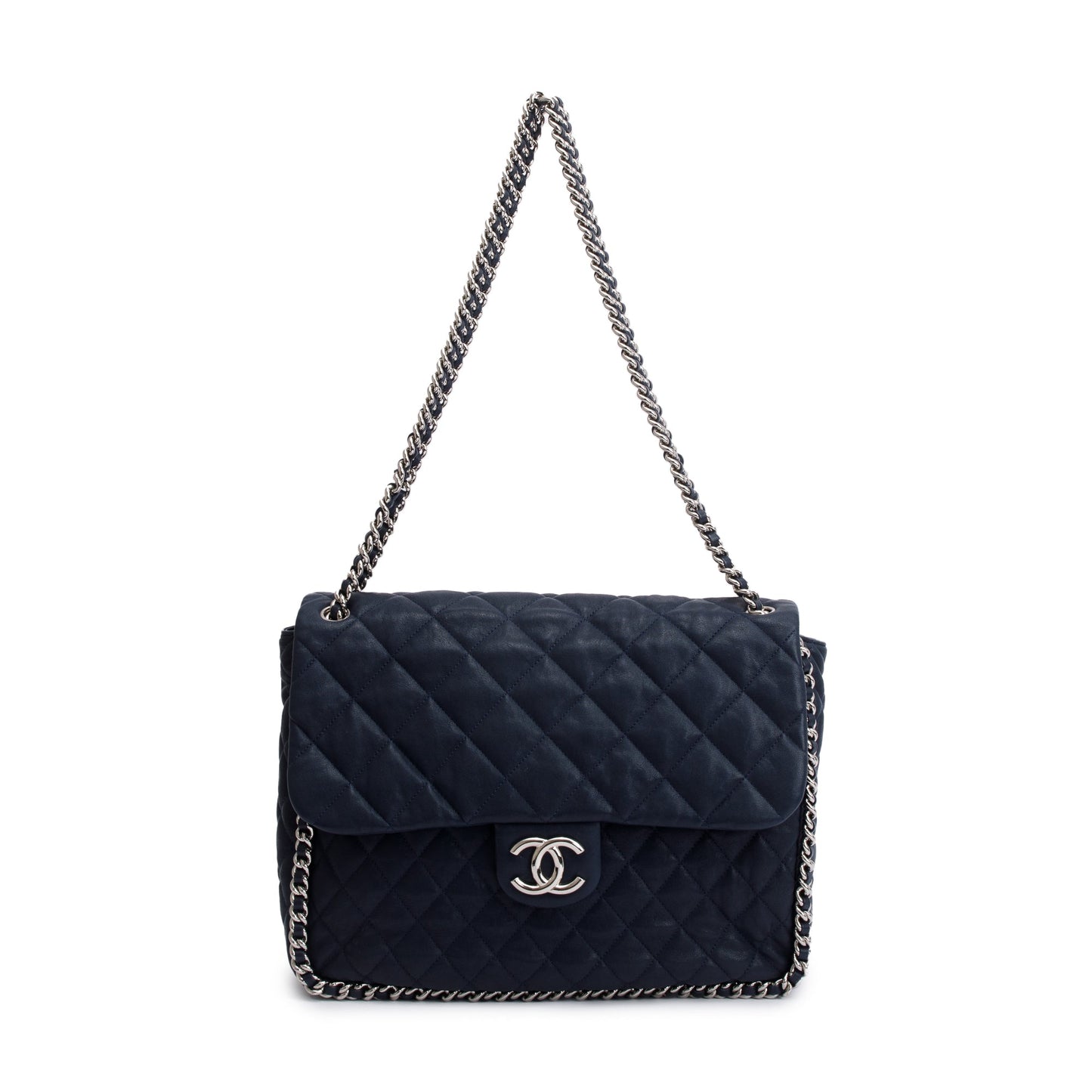 Chanel Navy Quilted Maxi Around Flap Leather Calfskin Travel Bag