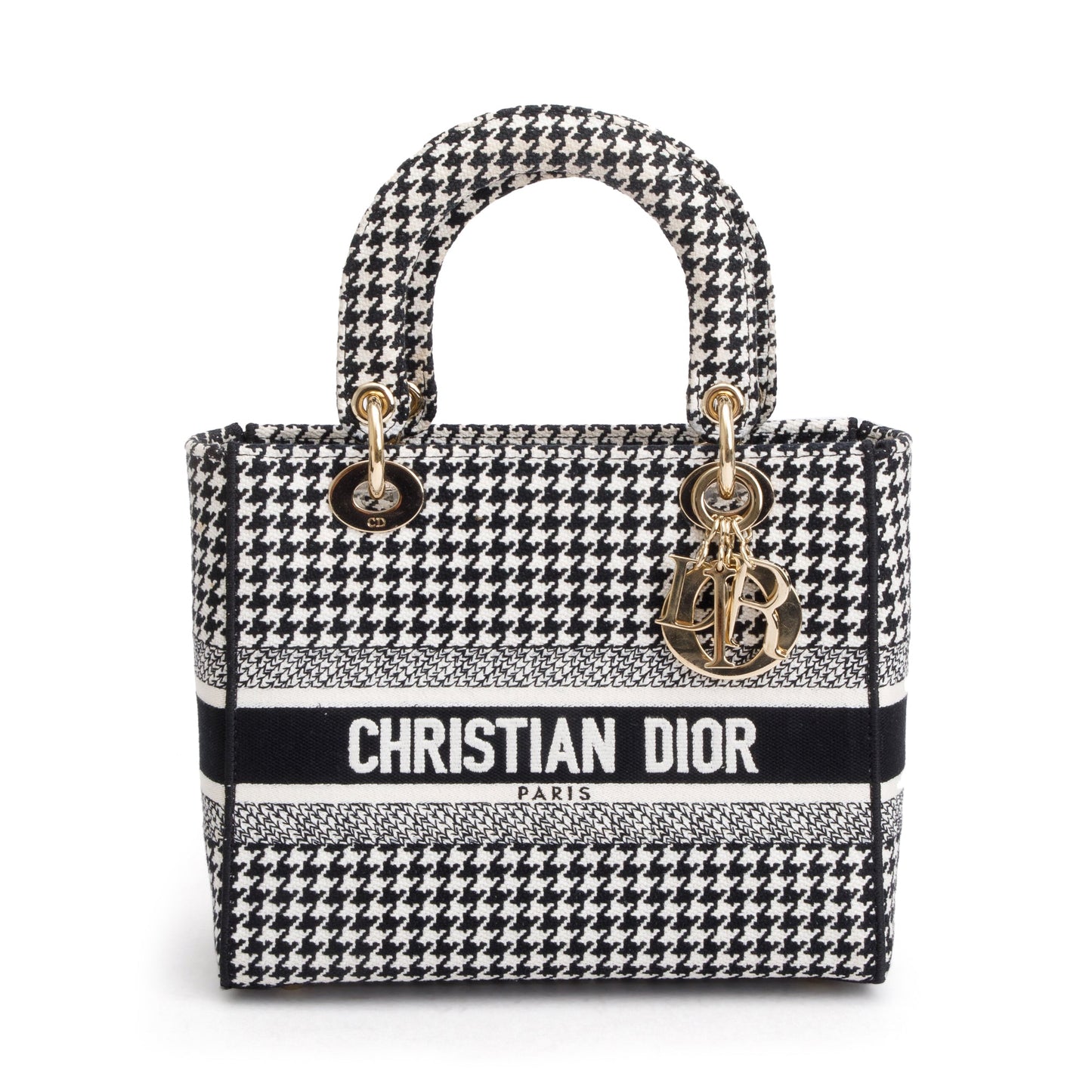Dior Christian Houndstooth Embroidered Medium Lady D Lite Black White Travel Bag